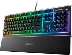 B07ZGDPT4M.jpg SteelSeries Apex 3 RGB Gaming Keyboard – 10-Zone RGB Illumination – IP32 Water Resistant – Premium Magnetic Wrist Rest