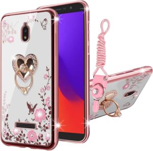 KuDiNi for Case for BLU View 2 B130DL Phone Case for Women Glitter Crystal Soft TPU Bling Cute Butterfly Heart Floral Clear Protective Cover with Kickstand+Strap for BLU View 2