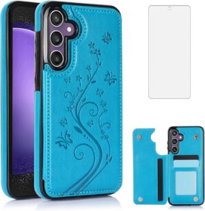 Asuwish Phone Case for Samsung Galaxy S23 FE 5G with Tempered Glass Screen Protector and Card Holder Wallet Cover Stand Flip Leather Cell Accessories S 23 FE S23FE5G S23FE 23S G5 Women Men Blue