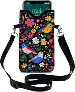 B0DPJ2WCJ1.jpg Neoprene Cell Phone Sleeve Pouch Case Bag with Crossbody Strap Neck Lanyard for Women 7.1 X 3.9 in Flower Bird Pattern